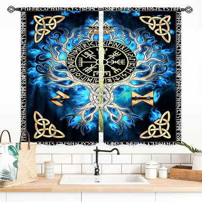 Tree of Life Curtains, Vikings Celtic Nordic Life Tree Scandinavian Aesthetic Mythology Blue Window Drapery Treatments for Bedroom Living Room Bathroom 2 Panels, 55x39 Inch