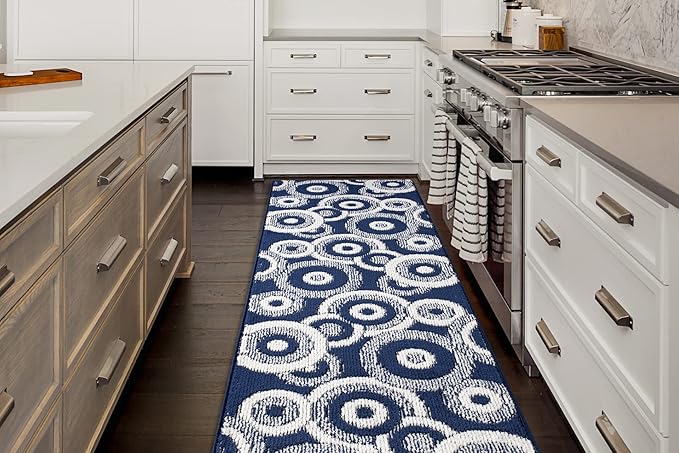 Custom Length Cut to Size Retro Modern Coastal Carpet Runner Rug for Hallways, Non Slip Rubber Backed, 31 inch Wide X Customized Length, Geo Blue, 31 inch X 12 feet