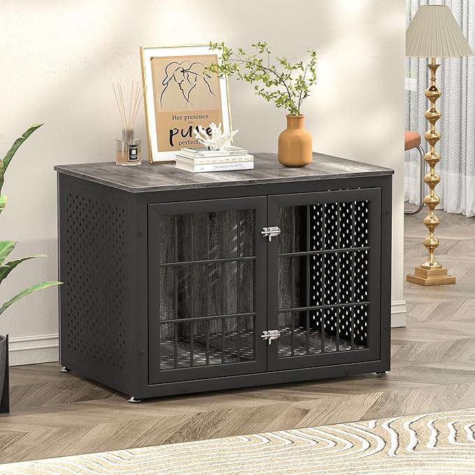 38" Heavy Duty Dog Crate Furniture for Large and Medium Dogs,Wooden Metal Kennel for High Anxiety Dogs, Chew Proof Cage Indoor, Decorative Kennel End Table-Mewly Pet