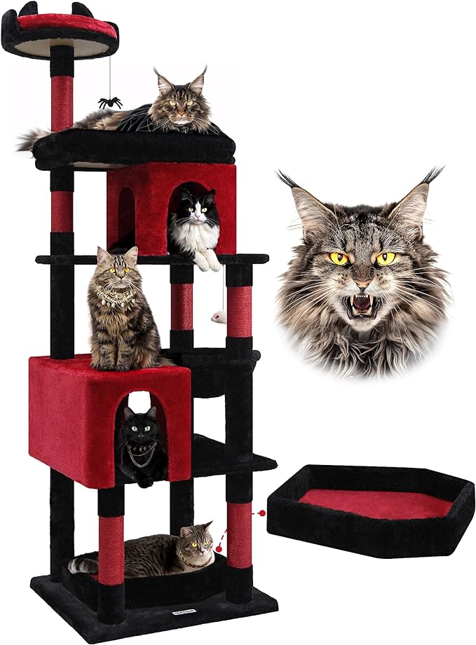 Globlazer Heavy Duty Gothic Cat Tree, 72in Large Cat Tower with Coffin Bed, Sturdy Maine Coon Cat Tree for Large Cats 20 lbs+, Medieval Castle Style with 6 Scratching Posts & Hammock, S72, Black & Red-Mewly Pet