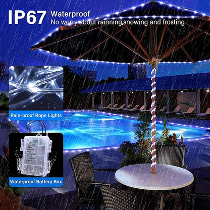 JMEXSUSS 2 Pack Rope Lights Battery Operated String Lights Outdoor Waterproof, Total 66ft 200 LED 8 Modes White Battery Powered Light with Remote for Canopy Tent Camping Patio Garden Decor