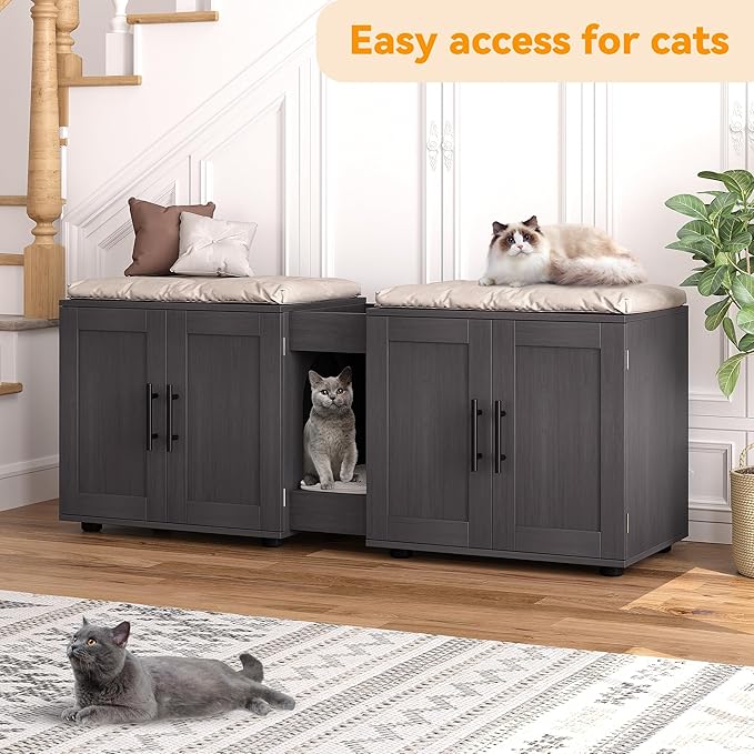 Gaomon Litter Box Enclosure with Double Room,Cat Hidden Litter Box Enclosure Furniture for 2 Cats with Double Room, 55”L x 17.7”W x 22.5”H Cat House,Wooden Enclosed Cat Litter Box Furniture,Walnut-Mewly Pet