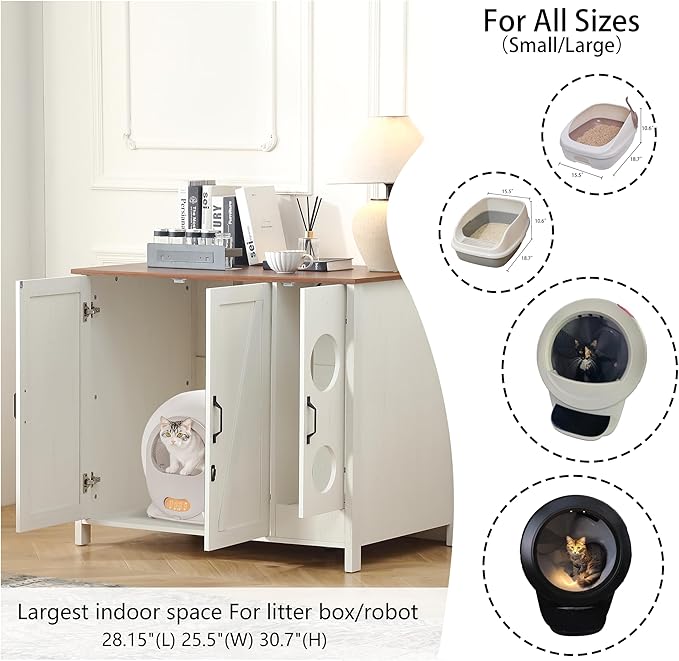 Cat Litter Robot Enclosure, Automatic Litter Box Enclosure for Litter Robot 3/4,Cat-Exclusive entrace for Dog Proof and Fun,Power Outlet for cat Litter Cabinet,Litter Collector,Antique White-Mewly Pet