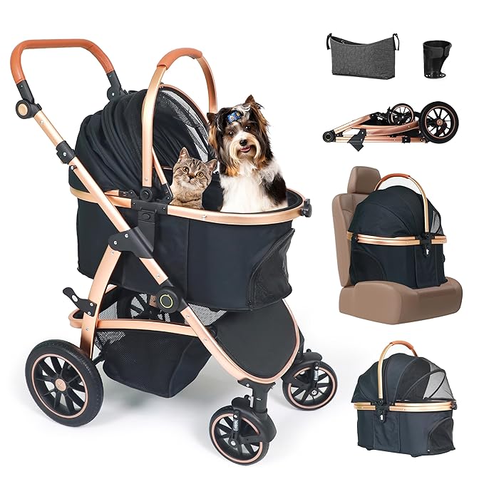 3 in 1 Pet Stroller - Stroller for Small to Medium Dogs and Cats up to 55 lbs, with Detachable Carrier/Car Seat, Foldable and Lightweight, Detachable Cushion + Cup Holder (Black/Gold)-Mewly Pet
