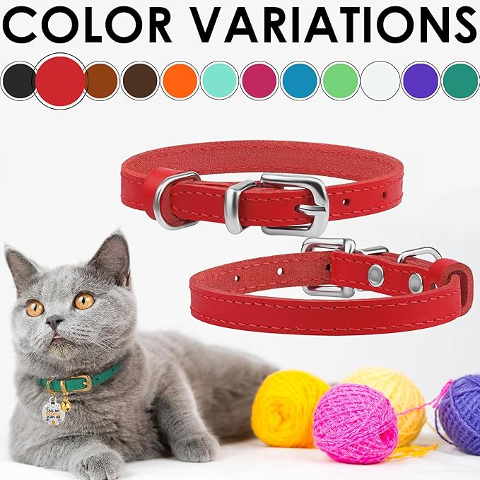 BRONZEDOG Leather Cat Collar with Removable Bells Non Breakaway Kitten QR Tag for Girl Boy (9" - 12" Cats/Mini Dogs, Red & Silver)-Mewly Pet