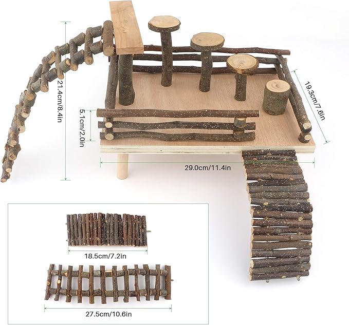 HOSUKKO Hamster Climbing Toys Wooden Hamster Playing Activity Set, Hamster Activity Playground Climb Platform Apple Wood Chewing Toys for Hamster Small Pets (D-Playground with Large Bridge)-Mewly Pet