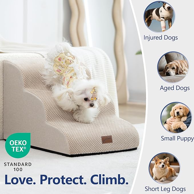 GoGoBunny Ramp Dog Stairs for Couch Sofa and Chair 15.7" H, 3-Step Pet Steps for Small Dogs and Cats, Non-Slip Waterproof Fabric Cover, Stable and Balanced Indoor Step, Pets Friendly, Beige-Mewly Pet