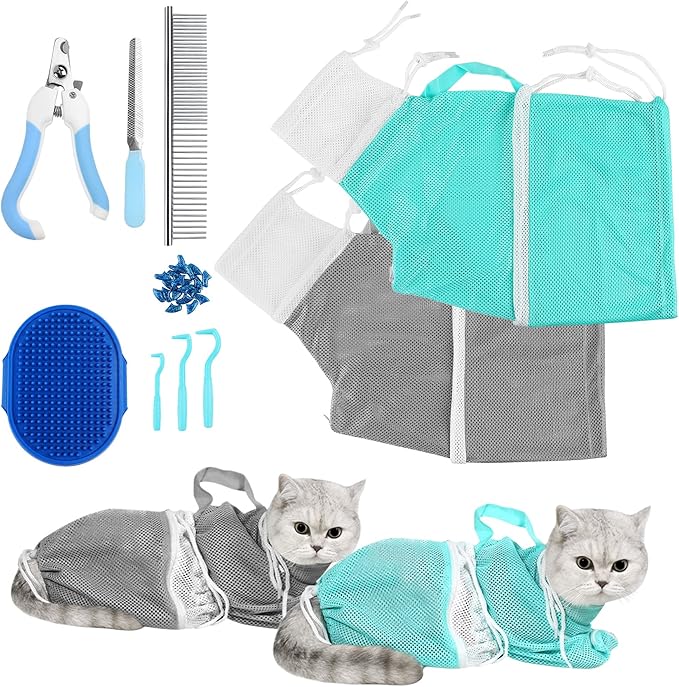 JULMELON Cat Washing Bag 10 PCS Set, Adjustable Cat Shower Net Bag and Pet Grooming Brush with Nail Clipper Nail File Hair Combs Tick Tool Nail Caps for Bathing Nail Trimming Examination（Grey+Green）-Mewly Pet