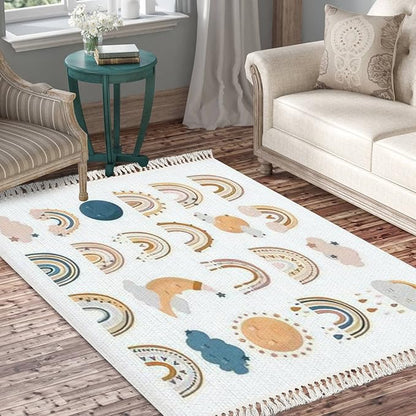 Boho Rug Hand Drawn Cute Rainbows Moon Sun Scandinavian Chic Area Rug Washable Hallway Runner Rug Meditation Mat Minimalist Home DecorLiving Room Bedroom Nursery Playroom Classroom, 4'x6