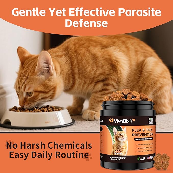 Flea & Tick Treatment for Cats – Natural Flea, Tick & Mosquito Prevention with Brewer’s Yeast, Coconut Oil – Skin & Coat Health, Immune Support – Vet Formulated 200 Chews-Mewly Pet
