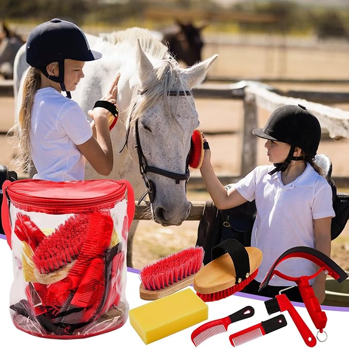 9 Pieces Horse Grooming Kit Tack Room Supplies Set with Organizer Tote Bag, Oval Massage Curry, Hard and Soft Brush, Hoof Pick, Sweat Scraper, Bathing Sponge, Combs for Horse Riders Beginners (Red)-Mewly Pet