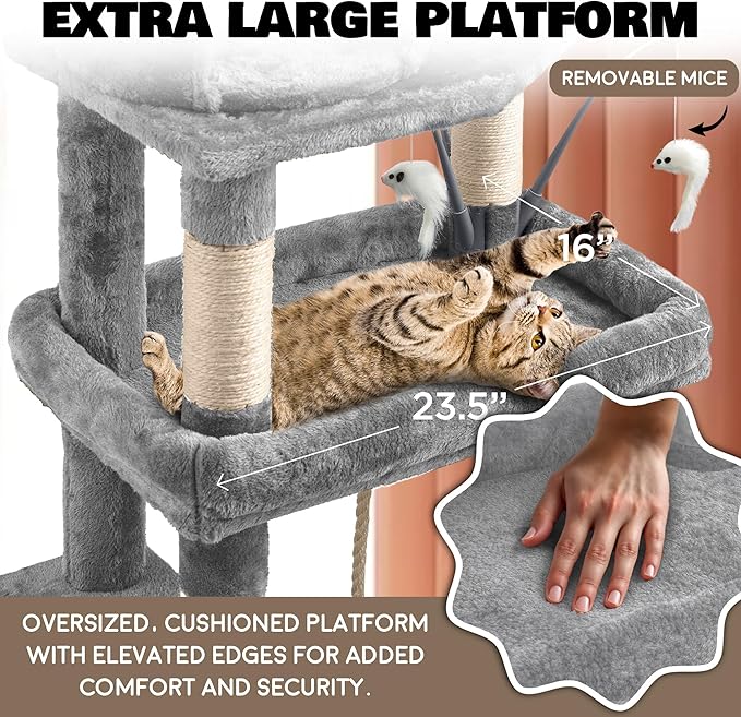 Large Cat Tree Tower for Large Cats, Cat Scratching Post, Self Grooming Post, Interactive Cat Toys, Oversized Perch and Basket, Heavy Duty 72", Light Grey-Mewly Pet