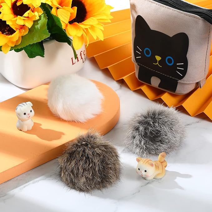 LEIFIDE 12 Pieces Real Rabbit Fur Pom Pom Kitty Cat Toy Fluffy Cat Balls Soft Fuzzy Balls for Kitty Pets Kitten Chase Quiet Play, 3 Inches in Diameter(Gray, Coffee, White)-Mewly Pet