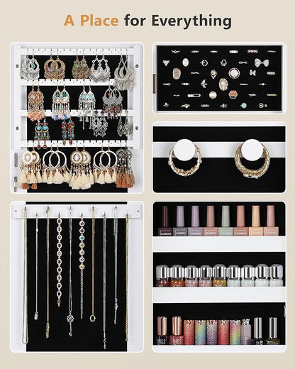 Nicetree Jewelry Armoire with Mirror, Wall/Door Mounted Jewelry Cabinet, Lockable Jewelry Organizer with Full-Length Mirror, Frameless Mirror with Storage, Black Lining