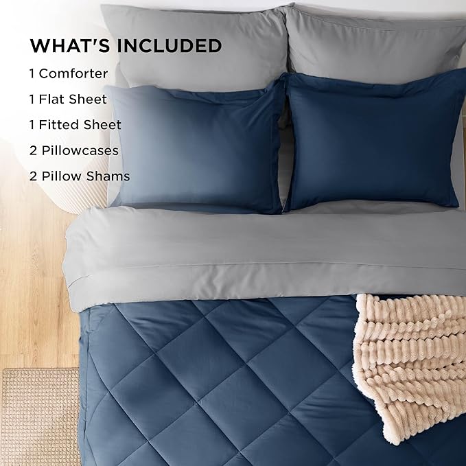 Bedsure Oversized Queen Comforter Set - 7 Pieces Reversible Navy Bedding, Oversized Queen Size Bed Set for All Seasons, Bed in a Bag with Down Alternative Comforter, Sheets, Pillowcases & Shams