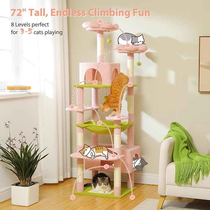 PAWZ Road Flower Cat Tree, 72 Inches Large Cat Tower with Steel Frame Hammock and 7 Scratching Posts, Tall Cat Tree with 2 Condos and Perches for Large Indoor Cats - Pink-Mewly Pet