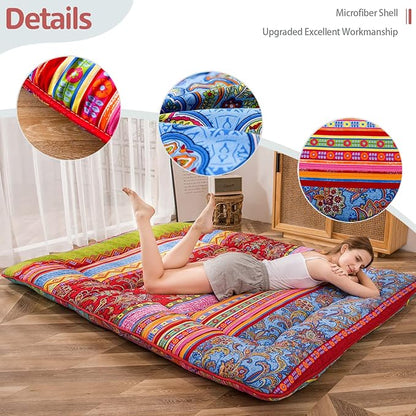MAXYOYO Bohemian Retro Floor Mattress Vintage Floral Japanese Futon Mattress Roll Up Thicken Sleeping Bed Portable Camping Mattress Floor Lounger Couch Bed Mattress Pad, Queen Size