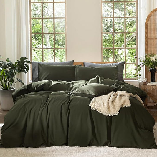 MooMee Bedding Duvet Cover Set 100% Washed Cotton Linen Like Textured Breathable Durable Soft Comfy (Solid Olive Green, Super King 108"x98")