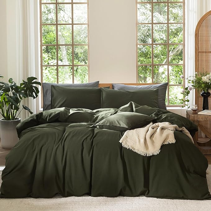 MooMee Bedding Duvet Cover Set 100% Washed Cotton Linen Like Textured Breathable Durable Soft Comfy (Solid Olive Green, King 104"x90")