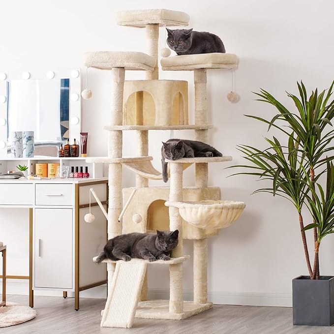 Hey-brother Cat Tree, 71 inches XL Large Cat Tower for Indoor Cats, Multi-Level Cat House with 3 Padded Perches, Big Scratcher, Cozy Basket, 2 Cat Condos and Scratching Posts, Beige MPJ034M-Mewly Pet