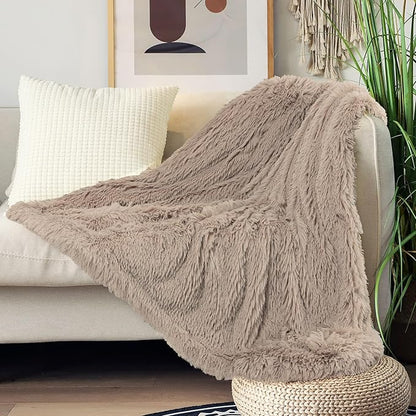 Tuddrom Decorative Extra Soft Faux Fur Throw Blanket 50"x60",Solid Reversible Fuzzy Lightweight Long Hair Shaggy Blanket,Fluffy Cozy Plush Fleece Comfy Microfiber Blanket for Couch Sofa Bed,Khaki