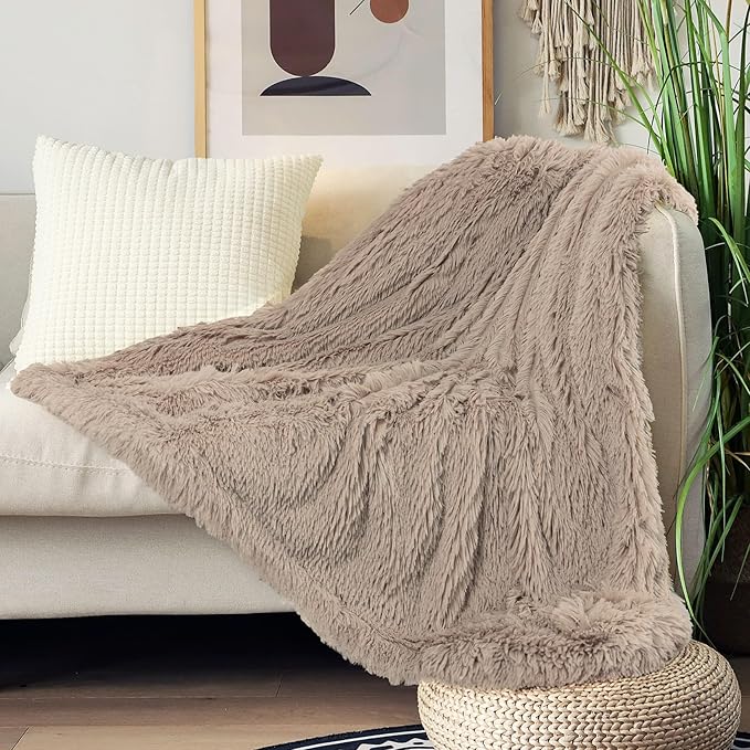 Tuddrom Decorative Extra Soft Faux Fur Throw Blanket 70"x78",Solid Reversible Fuzzy Lightweight Long Hair Shaggy Blanket,Fluffy Cozy Plush Fleece Comfy Microfiber Blanket for Couch Sofa Bed,Khaki