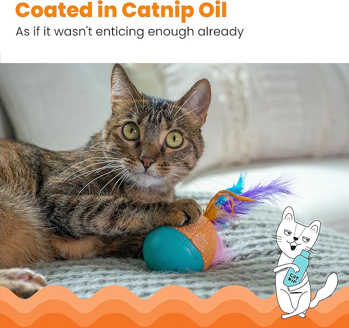 Catstages Whack N' Wobble Ball Intearctive Cat Toy, Weighted Ball with Feathers, Bell, Glitter Fabric & Catnip Oil, Turquoise-Mewly Pet