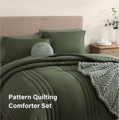 Monbix King Size Comforter Set - 7 Pieces Bed in a Bag King, Olive Green Bedding Sets with Comforter, All Seasons Down Alternative Comforter Bed Set with Sheets, Pillowcases & Shams