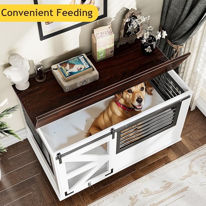 47 inch XL Dog Crate Furniture with Top-Access Teasing/Feeding Doors, Farmhouse Wooden Decorative Dog Crates with Wheels, Chew-Resistant Dog Crates End Table for Medium&Large Dogs, White-Mewly Pet