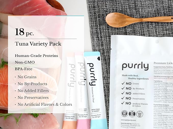 Purrly Cat Treat Snack Wet Lickable Low Calorie Healthy Grain-Free Tuna Variety Packs (18 Count) Squeezable Creamy Purée with Human-Grade Proteins and Functional Nutrients No-Artificial-Additives-Mewly Pet