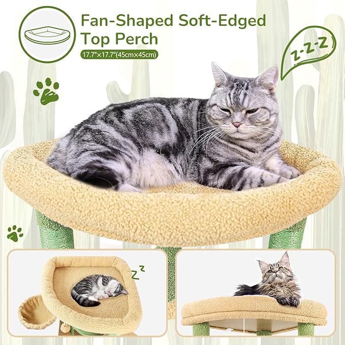 Globlazer Cactus Corner Cat Tree Tower with Scratching Post for Indoor Cats, 51in Multi-Level Cat Condo Tower with Large Hammock, Fan-Shaped Padded Perch, Spacious Cat Cave, Hanging Basket, C51, Green-Mewly Pet