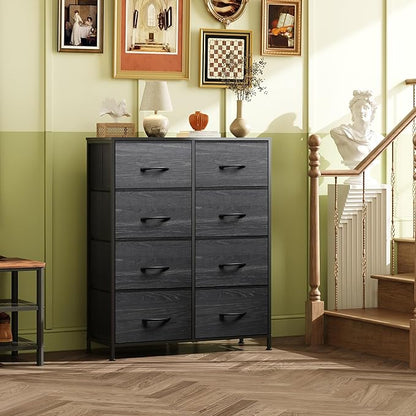 WLIVE Fabric Dresser for Bedroom, Tall Dresser with 8 Drawers, Storage Tower with Fabric Bins, Double Dressers, Chest of Drawers for Closet, Living Room, Dormitory, Charcoal Black Wood Grain Print