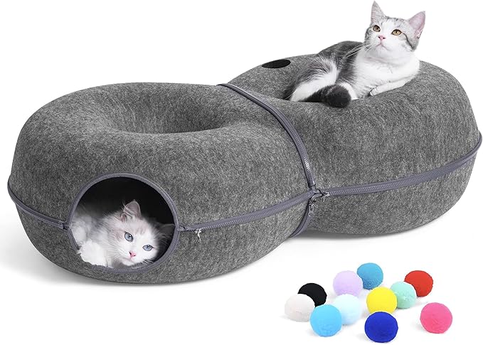 8-Shaped Large Cat Tunnel Bed for Indoor Cats, Infinite Circulation Peekaboo Cat Cave with 12 Toy Balls, Cat Donut Tunnel for Cats up to 30 Pounds (Dark Grey, L 38x24x11in)-Mewly Pet