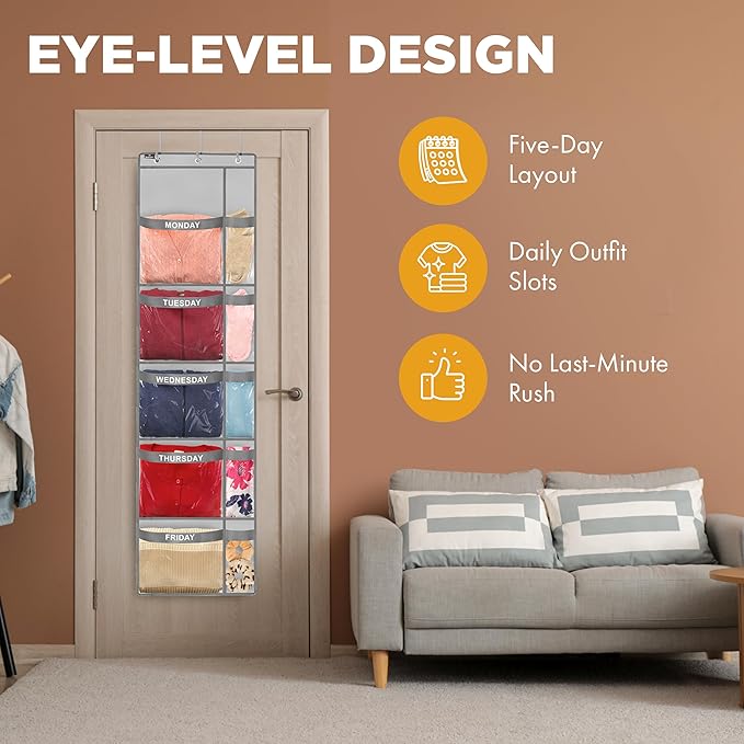Over the Door Weekly Clothes Organizer - 5 Shelf Hanging Closet Storage with Day of the Week Labels - Weekly Clothes Organizer For Kids - Space-Saving Over Door or Wall Hanging Organizer (Grey)