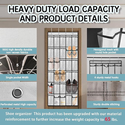 Over the Door Shoe Organizer with 30 Breathable Mesh Pockets - Large Capacity Closet Storage for Men & Women, Hanging Shoe Rack Organizer (White)