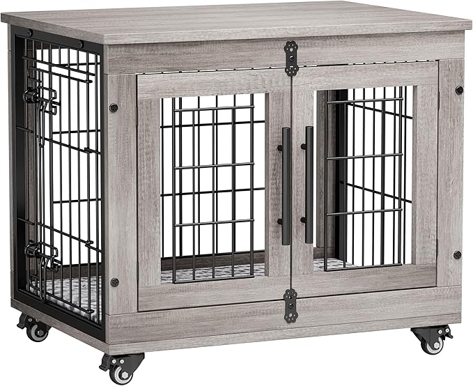 Lulive Small Dog Crate Furniture Set of 2, Dog Kennel Indoor Double Doors Wooden Dog Cage, 27'' Heavy Duty Dog Crate with Cushion & Wheels, End Table Pet House Chew-Resistant Up to 30 lb, Grey-Mewly Pet