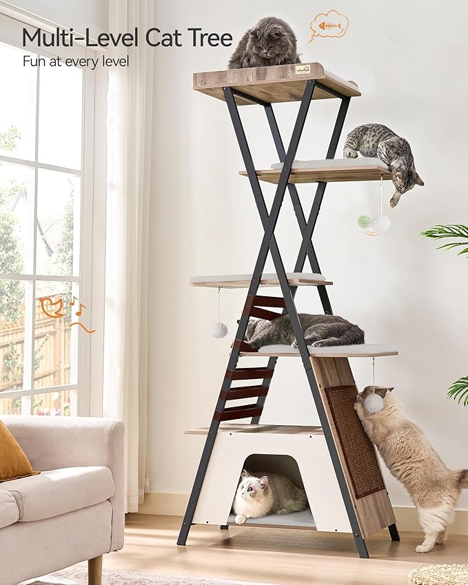FourFurPets 72.4" Cat Tree, Modern Cat Tower for Indoor Cats, Multi-Level Cat Condo with Caves, Tall Cat Tree with Cat Scratching Board, Wooden Cat Tower with Large Perch, Removable Pads, Camel Brown-Mewly Pet