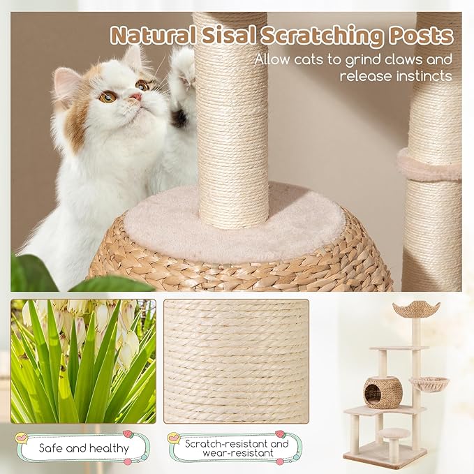 PETSITE 59 inch Cattail Cat Tree Tower, Multi-Level Cat Tower with Natural Sisal Scratching Posts, Condo, Basket, Top Perch and Jumping Platforms, Modern Tall Cat Tree for Indoor Cats-Mewly Pet