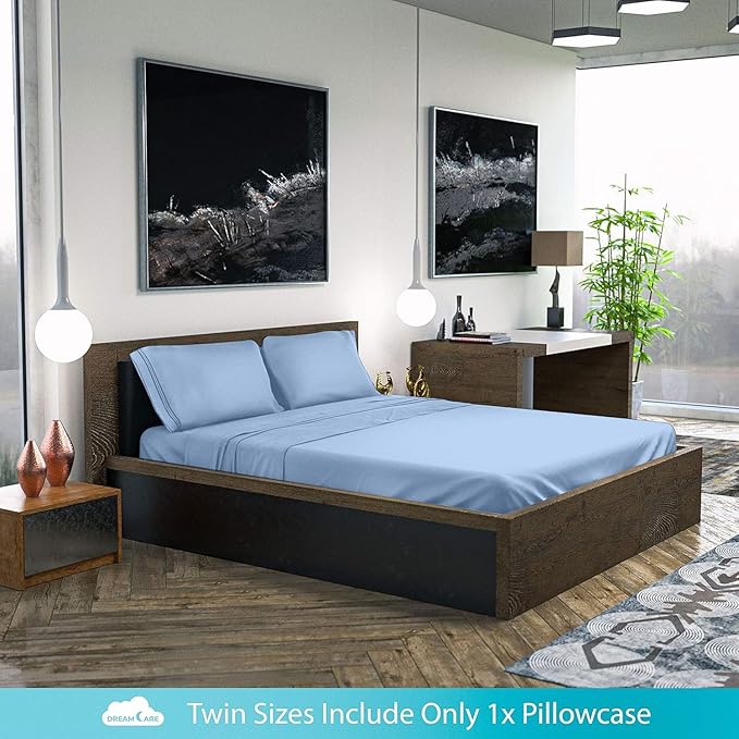 DREAMCARE Twin Sheets - 3pcs Cooling Sheets up to 21' Extra Deep Pocket Twin Bed Sheets - Twin Sheet Set - Soft & Long Lasting 100% Fine Brushed Polyester with Side Pocket - L Blue