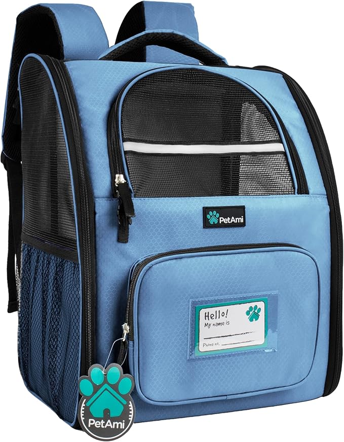 PetAmi Dog Backpack Carrier for Small Large Cat, Pet, Puppy, Ventilated Pet Hiking Backpack Travel Bag, Airline Approved Cat Backpack Carrier, Camping Biking Dog Bag Up to 18lbs Pet, Light Blue-Mewly Pet