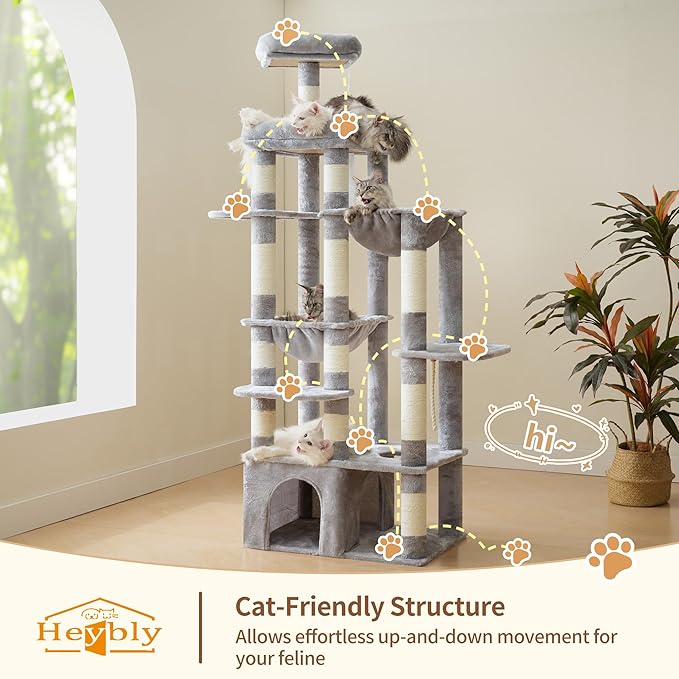 Heybly Heavy Duty Cat Tree, 71-Inch Tall Tower for Large Maine Coon with Extra-Large Baseboard, Cat Condo Furniture with Multi-Level Platforms, 2 Hammocks and 12 Scratching Posts, Light Gray HCT037W-Mewly Pet