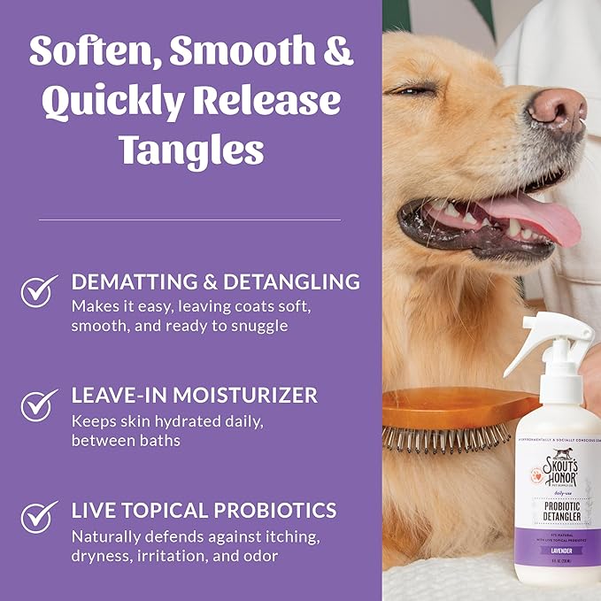 Skout's Honor Pet Detangler Spray - Hydrating & Conditioning with Avocado Oil & Probiotics, 97% Natural, Paraben & Sulfate-Free, softens for a More brushable Coat, Daily Use, 8oz, Lavender-Mewly Pet