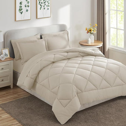 CozyLux Full Size Comforter Sets Oatmeal - 7 Pieces Bed in a Bag Full, Luxury Soft Bed Set for All Seasons, Bedding Set with Down Alternative Comforter, Sheets, Pillowcases & Shams