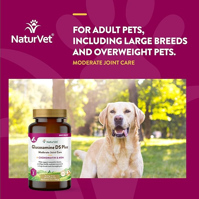 NaturVet Glucosamine DS Plus Level 2 Moderate Care Joint Support Supplement for Dogs and Cats, Chewable Tablets Time Release, Made in The USA, 120 Count-Mewly Pet