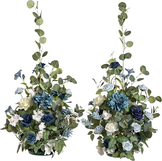 Ling's Moment 41" Tall Free Standing Artificial Flowers Arrangements 2 pcs Wedding Arch Altar Stage Decorations Dusty Blue Navy for Ceremony Reception Silk Rose Fake Floral Party Outdoor Beach Decor
