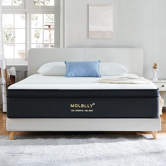 Molblly Queen Mattress14 Inch Hybrid Mattress in a Box with Gel Memory Foam, Individually Wrapped Pocket Coils Innerspring, Pressure-Relieving and Supportive, Non-Fiberglass,Queen Size