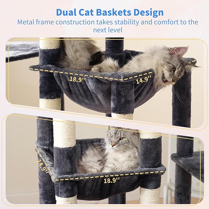 Heybly Heavy Duty Cat Tree, 71-Inch Tall Tower for Large Maine Coon with Extra-Large Baseboard, Cat Condo Furniture with Multi-Level Platforms, 2 Hammocks and 12 Scratching Posts, Smoky Gray HCT037G-Mewly Pet