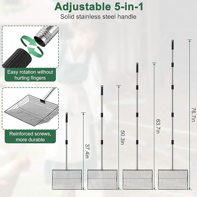 15-inch Large Chicken Poop Scooper, 5 in 1 Adjustable Chicken Coop Scoop with Ergonomic Grip, 24" to 77" Long Stainless Steel Sifting Litter Shovel Pooper Scooper Chicken Coop Accessories-Mewly Pet