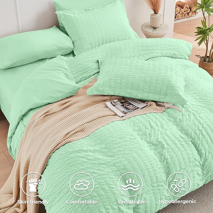 HYMOKEGE Mint Green Twin XL Comforter Set Seersucker 5 Pieces, All Season Luxury Bed in a Bag for Bedroom, Bedding Set with Comforter, Sheets, Pillowcase & Sham