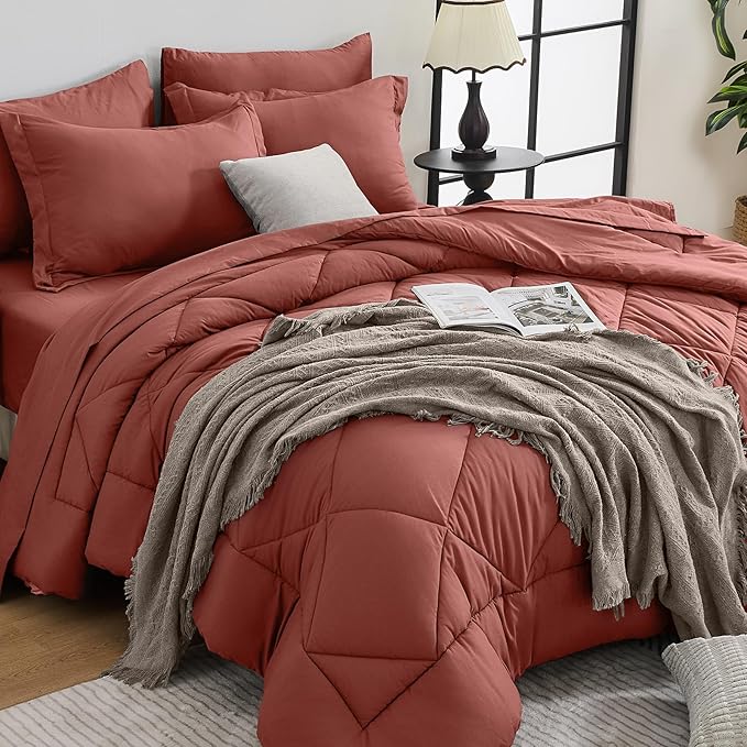 HEVUMYI Terracotta Cali-King Comforter Set - 7-Piece All Season Bed in a Bag Cali-King, Ultra Soft Bedding Set with Comforter, Flat Sheet, Fitted Sheet, Pillowcases, Pillow Shams